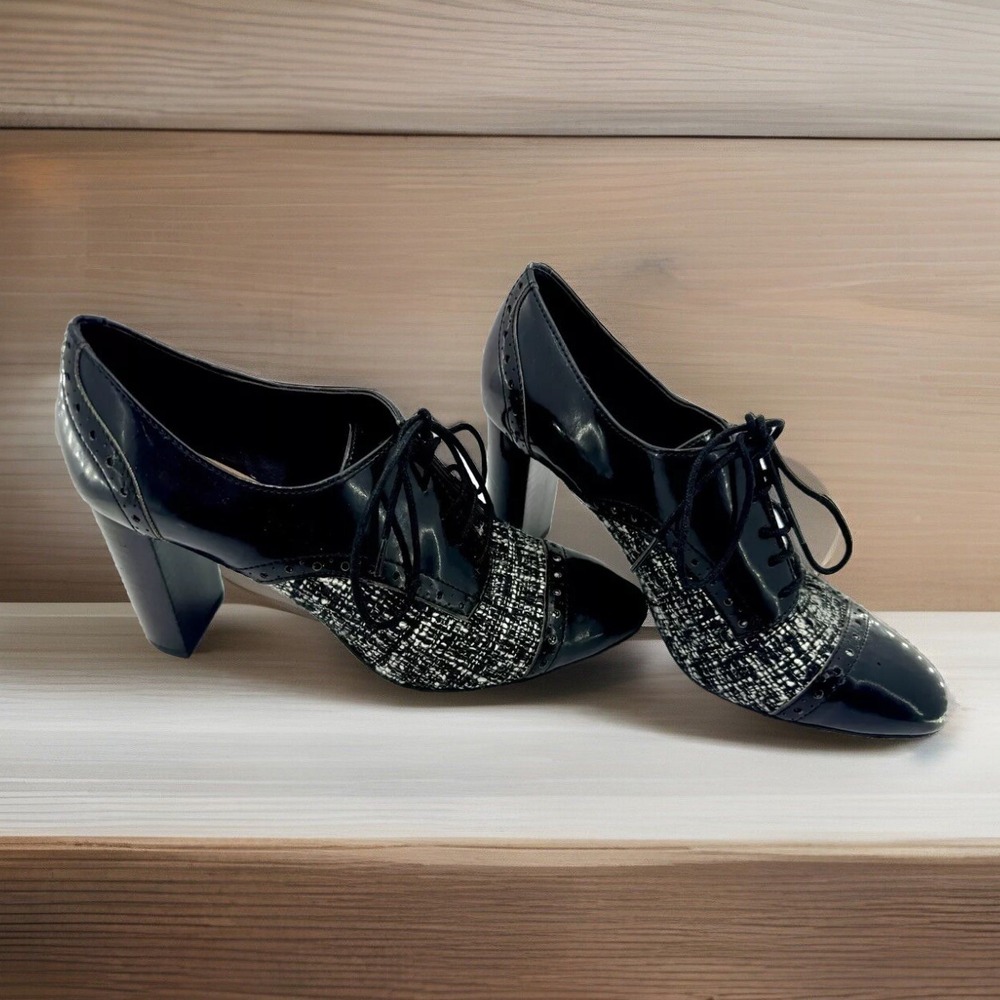 NWOB $98 Tahari Ta-Evo Oxford Black Lace Up 3" Block Heels Shoes 6M Loafer 90s